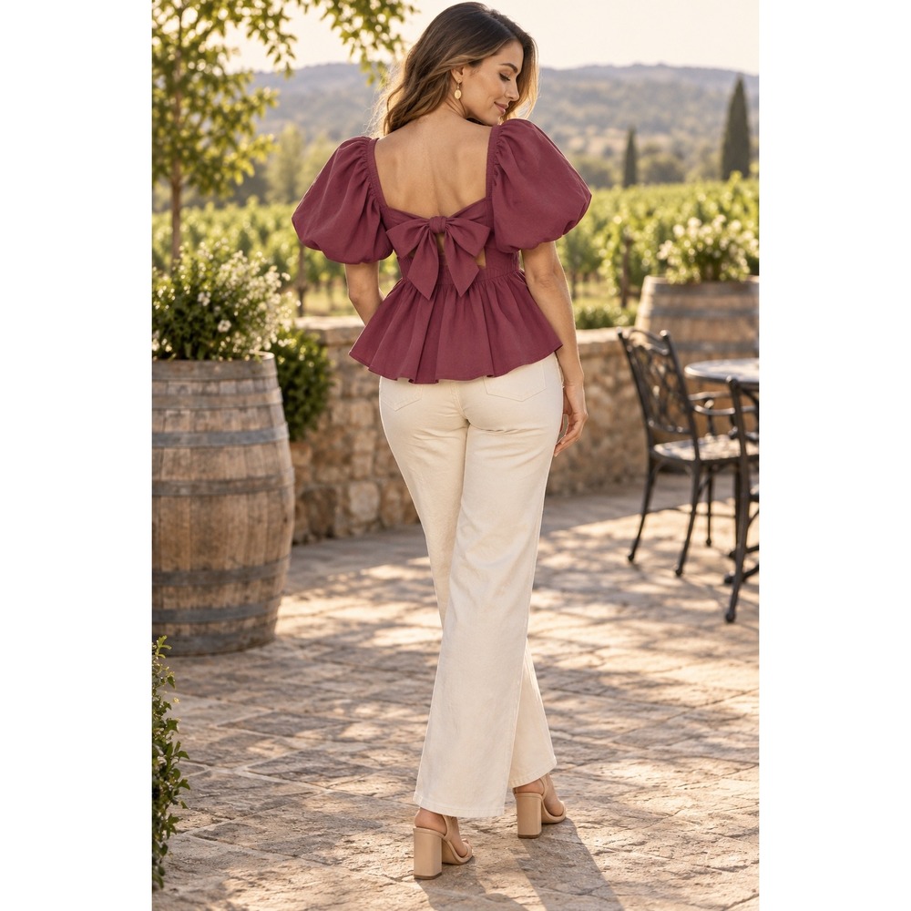 Francesca's Mi Ami Burgundy Puff Sleeve Peplum Top Women's M Tie Back Coquette